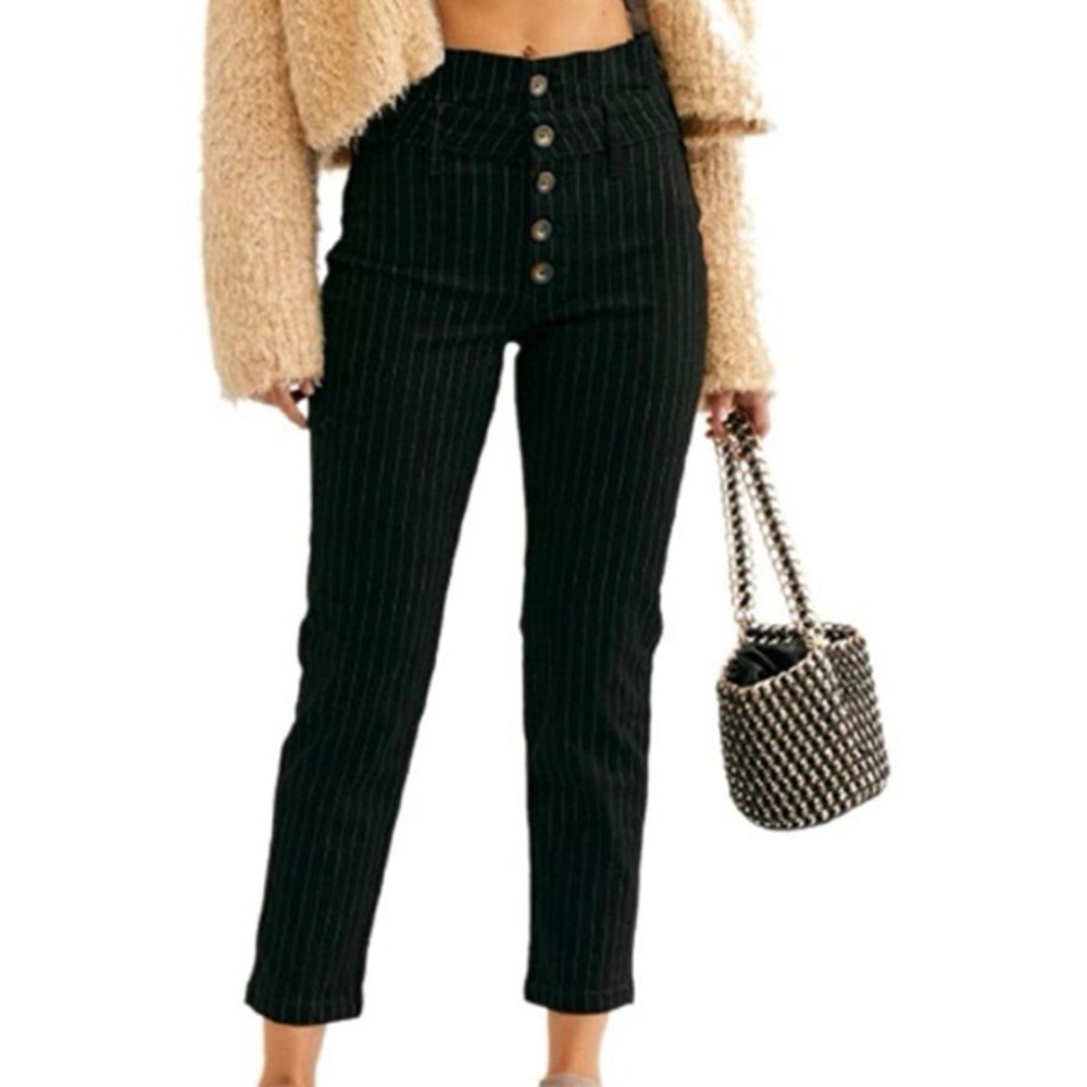 Free People Black Pinstripe Button-Up Pants